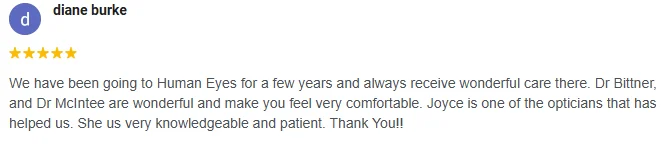 A 5-star Google review of Human Eyes Vision Center praising the wonderful care