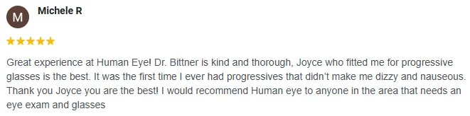 A 5-star Google review of Human Eyes Vision Center praising the great experience