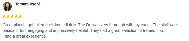 A 5-star Google review of Human Eyes Vision Center praising the staff